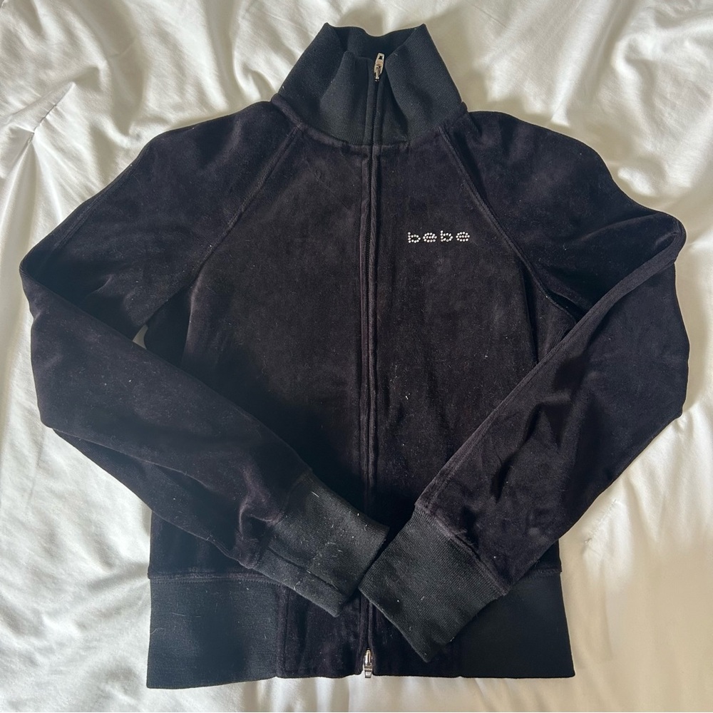 BEBE Velvet-Like Velour Tracksuit Jacket Womens Small Black Rhinestone Spellout